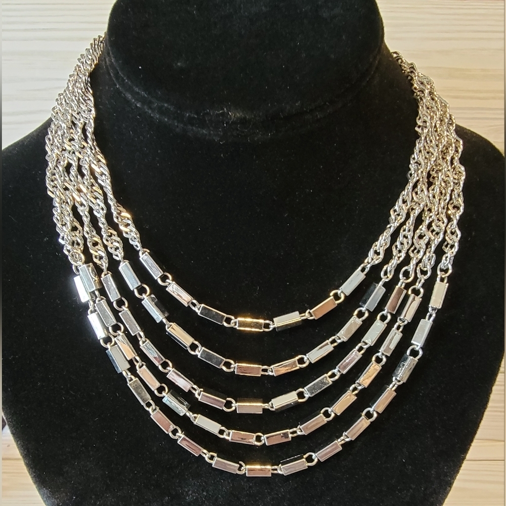 Vintage Silver Tone Five Strand Geometric Chain Statement Necklace 18”
